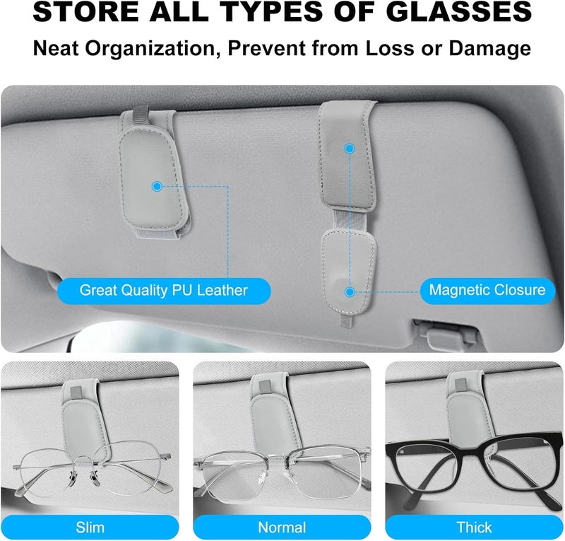 Teraves 2 Pack Sunglass Holder Clip for Car Visor, Upgrade Magnetic Leather Visor Sunglasses Clip, Easy to Hold Your Glasses Eyeglasses, Grey - Image 3